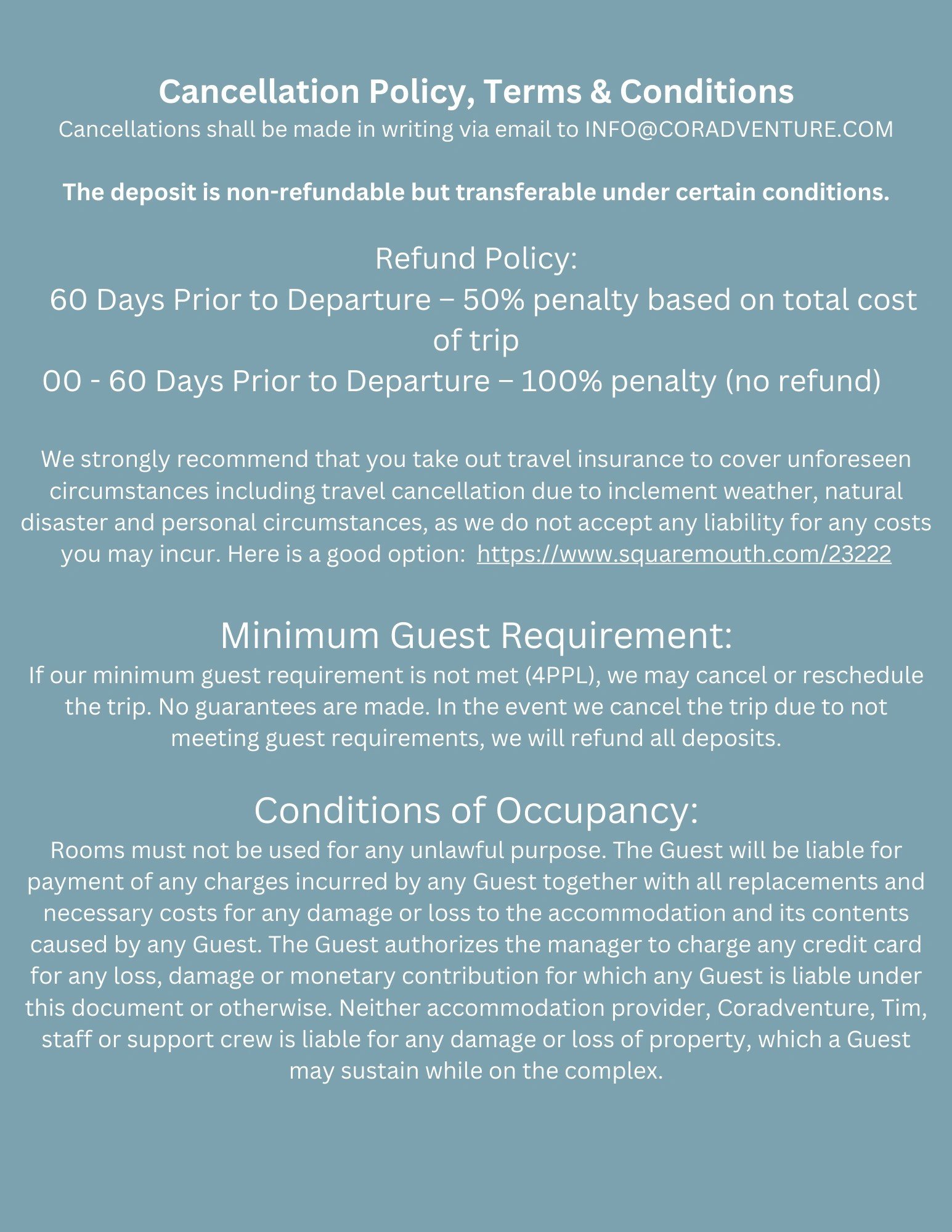 Cancellation, refund, guest requirements, and occupancy conditions for Coradventure trips.